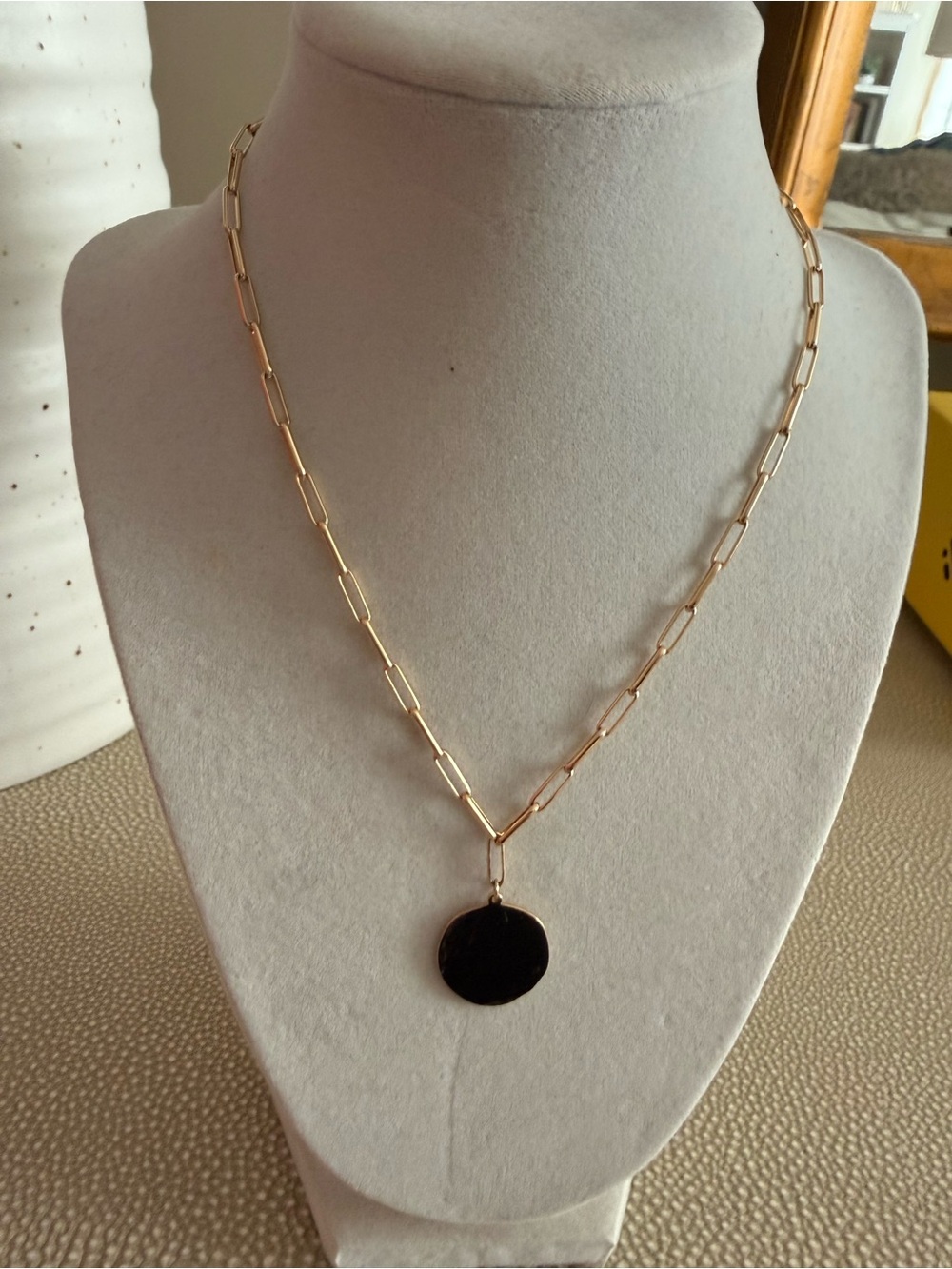 Gold Link Chain Necklace with Black Pendant